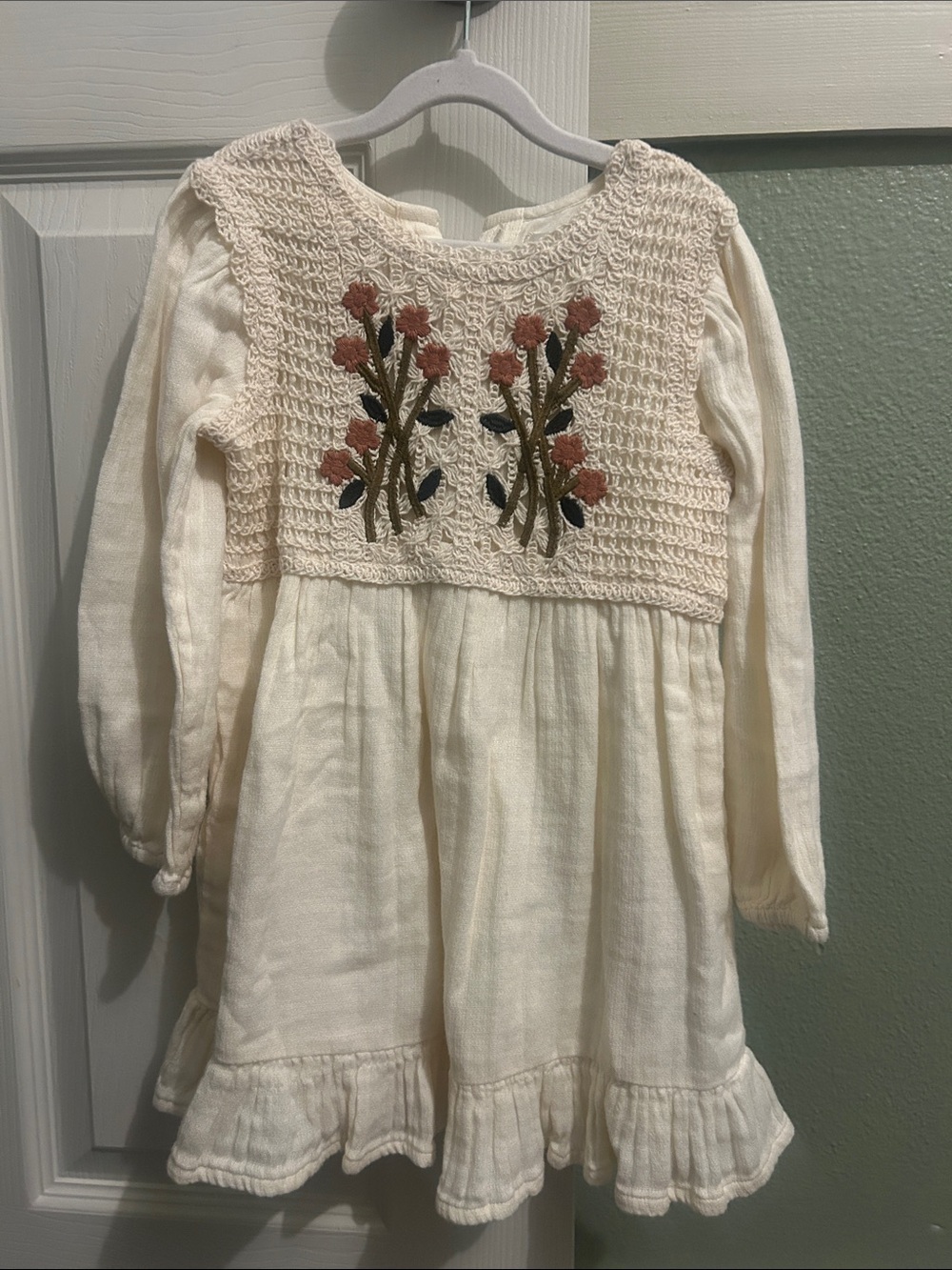 Zara Cream Long-Sleeve Dress with Pink Floral Embroidery